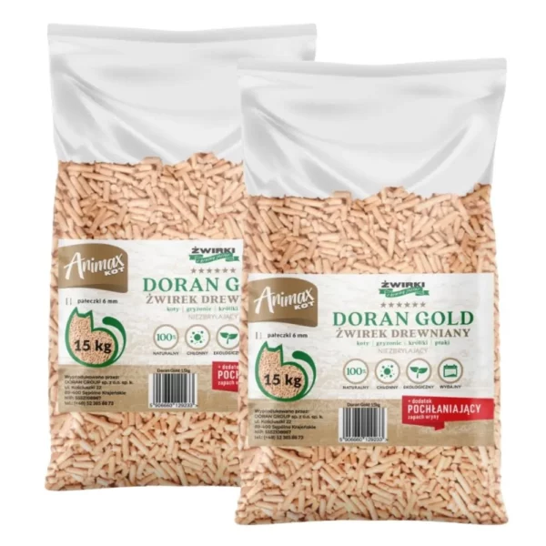 Animaxkot Doran Gold drewniany pellet 6 mm – dla kota, królika, świnki – jasny odpylony – Zestaw 2×15 kg (30kg)