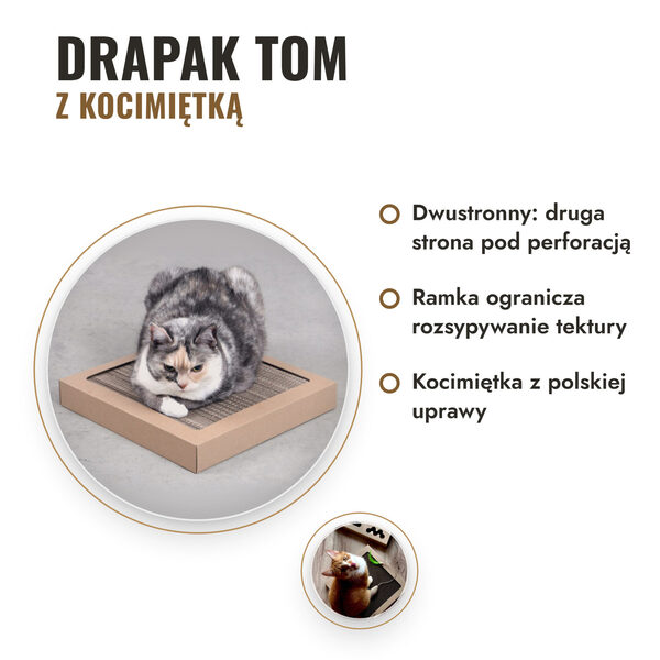 drapak-tom-kocimietka-1-zdjecie Drapak kartonowy Tom z kocimiętką – dwustronny, ramka ogranicza rozsypywanie tektury, kot na drapaku