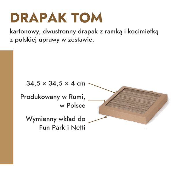 drapak-tom-kocimietka-3-produkt Drapak kartonowy Tom z kocimiętką – wymiary 34,5 × 34,5 × 4 cm, wymienny wkład do Fun Park i Netti