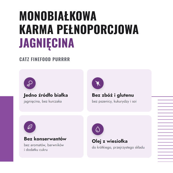 finefood-purrrr-jagniecina-2-korzysci Catz Finefood Purrrr jagnięcina 85 g – monobiałkowa karma pełnoporcjowa bez zbóż i glutenu, olej z wiesiołka
