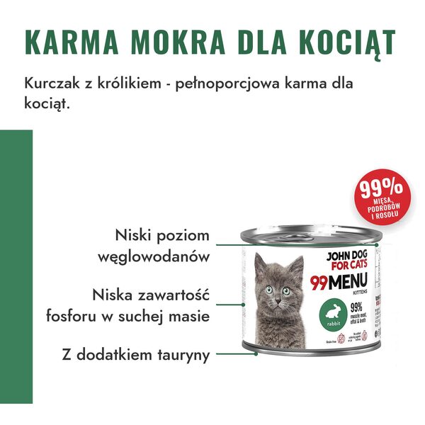 john-dog-kociak-krolik-200-400g-3-karma-mokra John Dog for Cats 99 Menu kurczak z królikiem dla kociąt – niska zawartość węglowodanów i fosforu, z tauryną