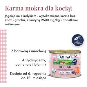 Baltica karma mokra dla kociąt jagnięcina z indykiem – bez zbóż i grochu, z borówką i marchwią, tauryna 2500 mg/kg