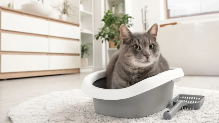 Kot siedzący w kuwecie z drewnianym żwirkiem dla kotów