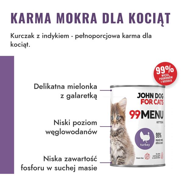 john-dog-kociak-indyk-400g-3-karma-mokra John Dog for Cats 99 Menu dla kociąt kurczak z indykiem – pełnoporcjowa karma mokra, delikatna mielonka z galaretką