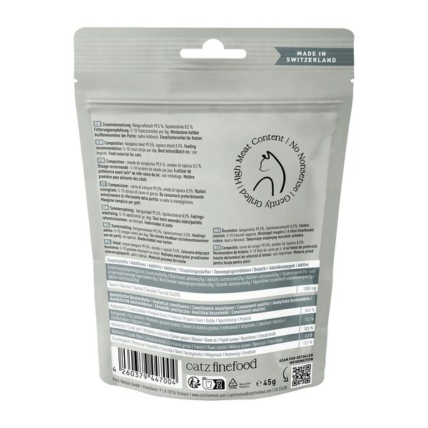 45g Finefood chrupiące przysmaki, paski 100% grillowanego i suszonego mięsa kangura – tył opakowania 45g Finefood chrupiące przysmaki, paski 100% grillowanego i suszonego mięsa kangura – tył opakowania