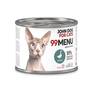 John Dog for Cats 99 Menu gęś dla kotów dorosłych – puszka karmy mokrej z kotem sfinksem, przód