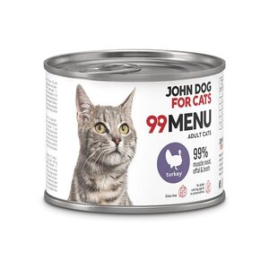 John Dog for Cats 99 Menu indyk dla kotów dorosłych – puszka karmy mokrej z pręgowanym kotem, przód