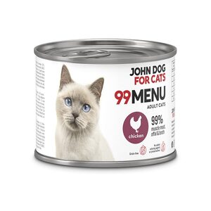 John Dog for Cats 99 Menu kurczak dla kotów dorosłych – puszka karmy mokrej z białym kotem, przód
